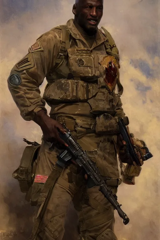 Image similar to michael jordan wearing a us soldier uniform and gun, detailed, 8 k, trending on artstation, smooth, sharp focus artwork by gustave courbet, mark keathley, greg rutkowski and alphonse mucha