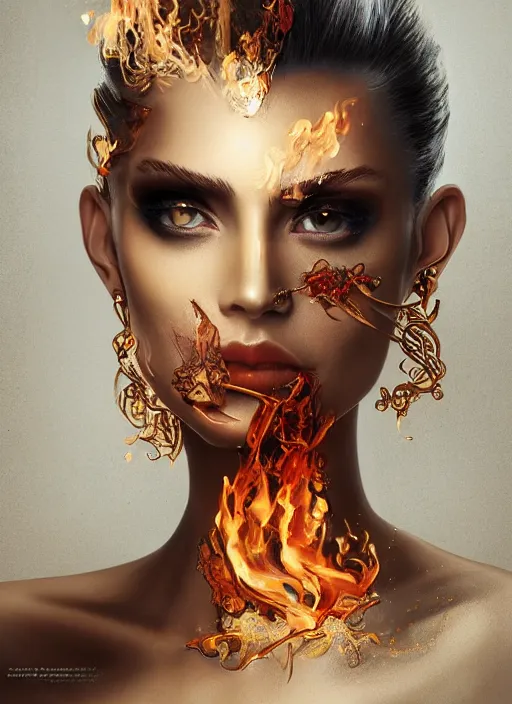 Image similar to 3d fashion portrait with fire, female, future, torch, flame, harper's bazaar, vogue, fashion magazine, intricate, concept art, close up, ornate, luxury, elite, elegant, trending on artstation, by ruan jia, by Kenneth Willardt, by ross tran, by WLOP, by Andrei Riabovitchev,