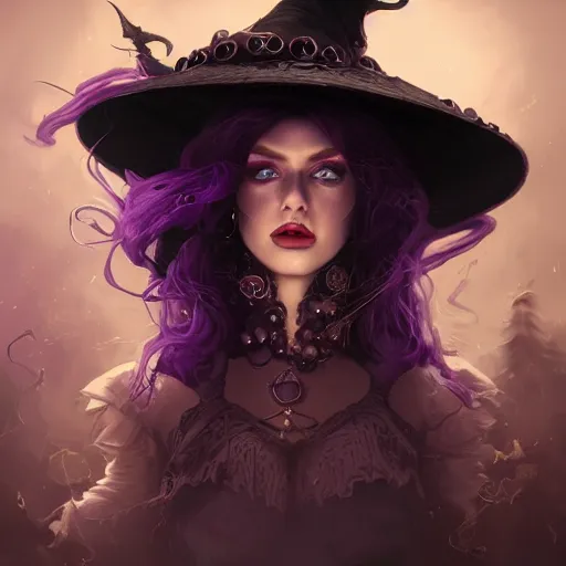 Image similar to an insanely detailed close up portrait of a beautiful witch with haunting purple eyes, she stands in an smoky alchemy lab, long purple hair, tightly fitting black ornate dress and black witch hat, in the style of peter mohrbacher, artgerm, dramatic lighting and composition, octane render, trending on artstation, concept art 8 k