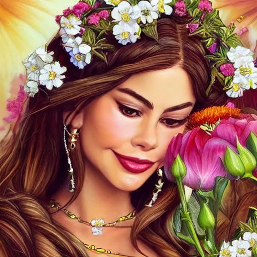 Prompt: sofia vergara is the goddess of flowers, Trending on Artstation, detailed heavenly artwork.