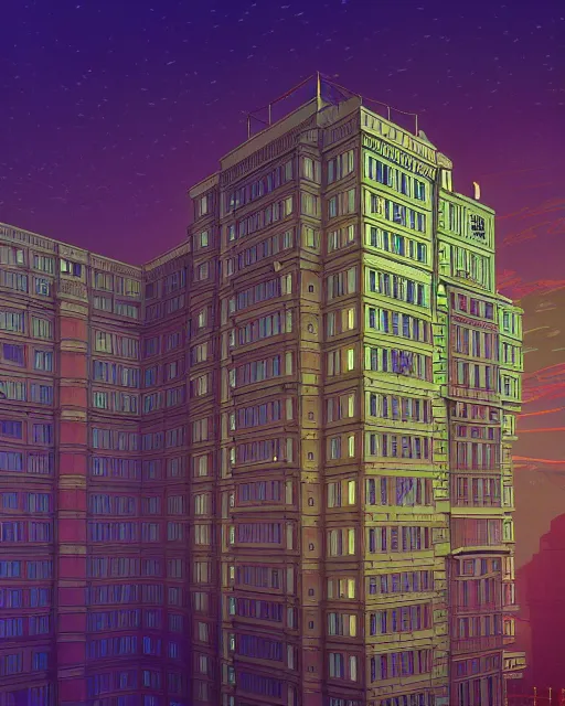 Prompt: a beautiful detailed highly detailed building unfinished building city architecture military hospital by louis kahn, apocalyptic sunlight uv light rainforest lightpaint at night studio ghibli at dusk myst at dawn retrowave synthwave nightsky cyberpunk, archdaily, wallpaper, highly detailed, trending on artstation.