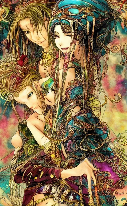 Image similar to lush, dreamlike animation still based on the art of yoshitaka amano ( final fantasy ) from 1 0 0 1 nights ( 1 9 9 8 ), dir. mike smith, hyperion studio