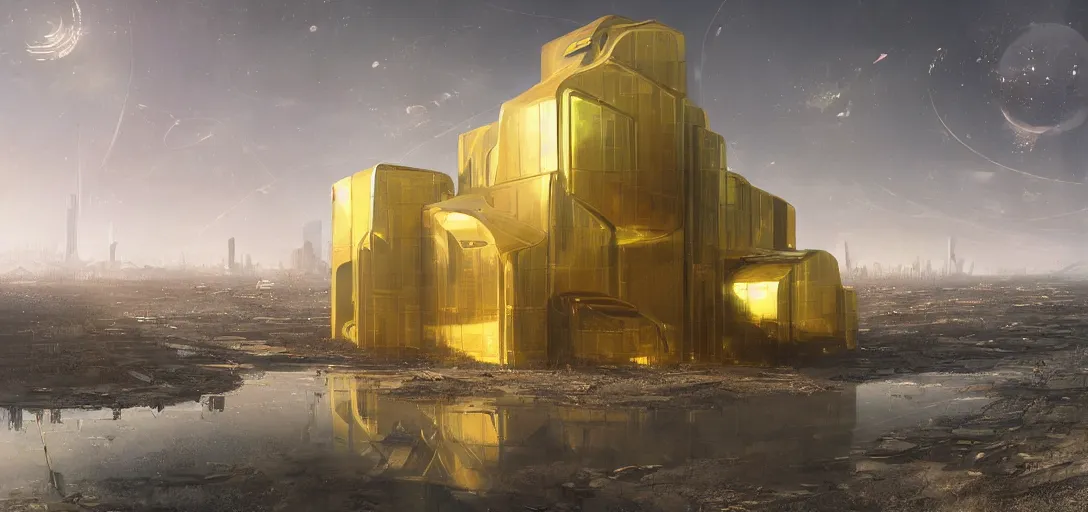 Image similar to futuristic shinny golden building in an abandoned landscape of a solarpunk city by wlop