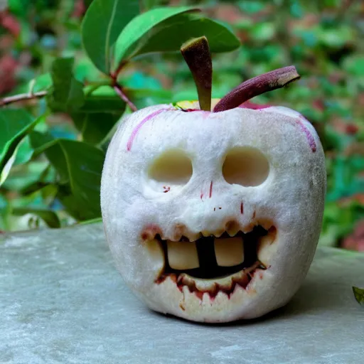 Prompt: apple with human teeth, horror