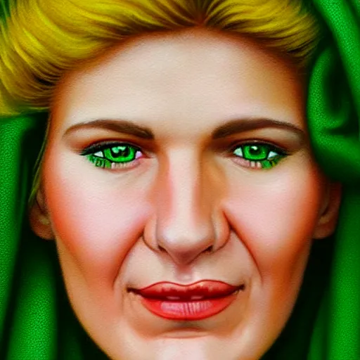 Prompt: headshot portrait, woman, eighties look, smiling, cute nose, green eays, a tear on his cheek, ultra realistic, hyperrealism, perfect faces, fine details, by brom, by gerald, 4 k,