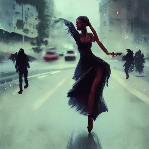 Image similar to A handsome woman, dancing in the middle of an intersection, stopping peak hour traffic, digital art, fantasy art by Greg Rutkowski
