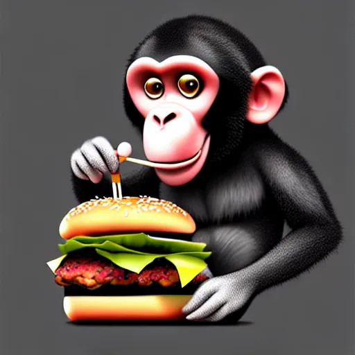 Prompt: monkey eating a burger, stylized, artstation, hd, photorealistic, photograph, cgsociety, cgi, digital, illustration, arts, realistic, awards winning, dramatic, cinematic, artistic, famous, detailed