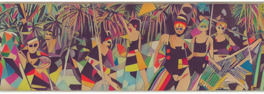 Image similar to polaroid photo party in jungles, girls with a slim figure in carnival skirts and guys in polygonal print shorts dance to the sound of a ethnic drums, author zima blue, very elongated lines, wasily kandinsky, malevich, pop art, color splashes, grain