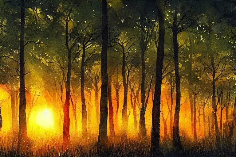 Prompt: firefly forest at sunset, high quality watercolors, award winning, trending on artstation