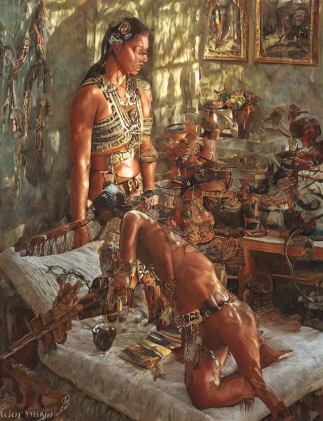 Image similar to mayan jaguar warrior in country house, cottage core, cinematic focus, polaroid photo bleached vintage pastel colors high - key lighting, soft lights, foggy, by steve hanks, by lisa yuskavage, by serov valentin, by tarkovsky, detailed, oil on canvas