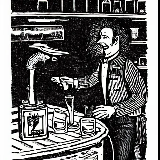 Image similar to anthropomorphic millipede bartender woodcut illustration by lews carroll