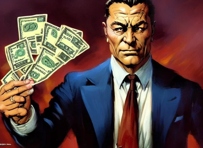 Image similar to magic : the gathering fantasy character concept art of the great businessman by frank frazetta, high resolution. a clear portrait of powerful, business man wearing a business suit, holding a wad of money made out of bread, bread bucks, bread shaped like dollar bills, magical bread and toast money swirling around, fantasy coloring, intricate, digital painting, artstation, smooth, sharp focus