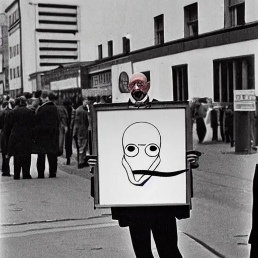 Prompt: dr. zoidberg at checkpoint charlie, realistic, old photograph