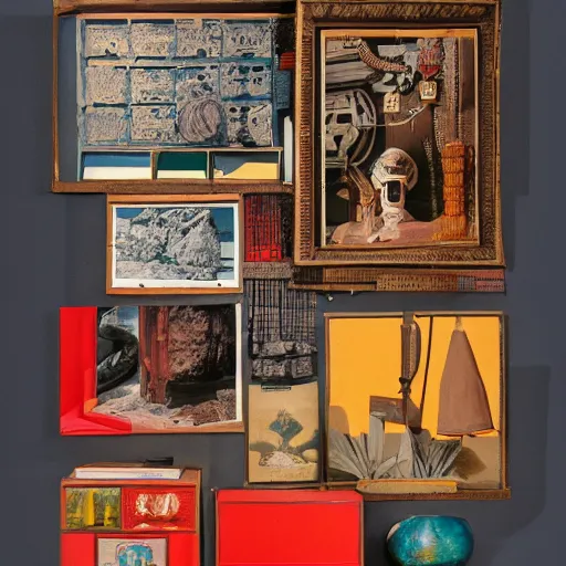 Image similar to A three color offset photography of objects on display, fluorescent, anthropology of wonder, exotic artifacts, colonial expedition, catalog exhibition, 60s style