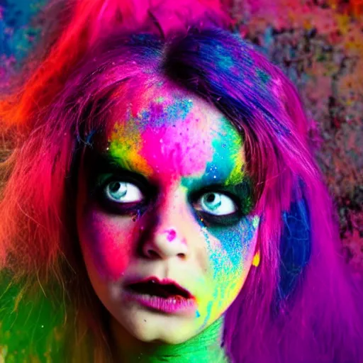 Prompt: A still of an extremely cute and adorable colorful vibrant holi nebula punk girl with a modern futuristic hairstyle, painted by Mark Ryden