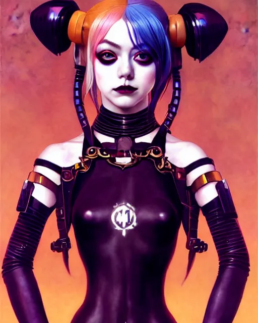 Image similar to portrait of beautiful cute young goth maiden anime harley quinn girl looks like emma stone in warhammer mechanical armor, high details, art by ( ( ( kuvshinov ilya ) ) ) and wayne barlowe and gustav klimt and artgerm and wlop and william - adolphe bouguereau