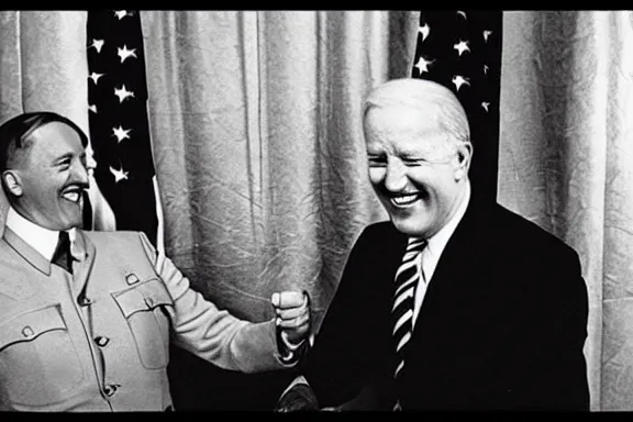 Image similar to “ very very intricate photorealistic photo of hitler and joe biden laughing together, detailed natural lighting, award - winning crisp details ”