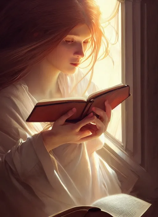 Image similar to a girl reading a book, her hair flowing down, intricate, highly detailed, dynamic lighting, digital art, digital painting, artstation, wlop, sharp focus, illustration, art by artgerm and greg rutkowski and alphonse mucha