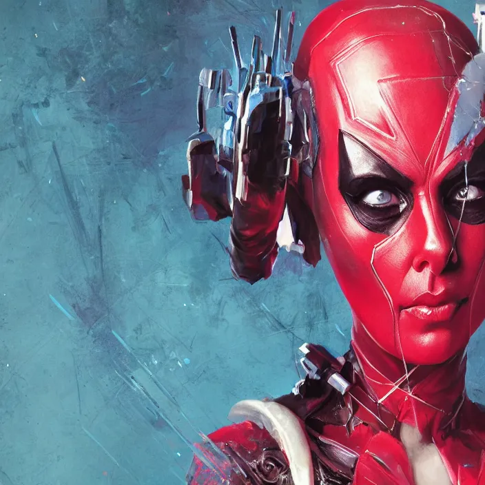 Image similar to charlize theron as lady deadpool. intricate abstract. intricate artwork. by tooth wu, wlop, beeple, dan mumford. octane render, trending on artstation, greg rutkowski very coherent symmetrical artwork. cinematic, hyper realism, high detail, octane render, 8 k, iridescent accents