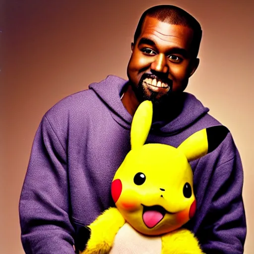 Image similar to Kanye West smiling and holding pikachu for a 1990s sitcom tv show, Studio Photograph, portrait C 12.0