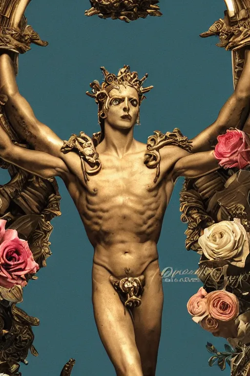 Image similar to a young handsome Spanish metal android with a large glowing battery in the center of his chest in a full-body bronze cyberpunk style statue of Icarus with glowing blue eyes, crown of peach roses, flowing teal-colored silk, fabric, flowers. baroque elements, human skull. full-length view. baroque element. intricate artwork by caravaggio. many many birds birds on background. Trending on artstation, octane render, cinematic lighting from the right, hyper realism, octane render, 8k, depth of field, 3D