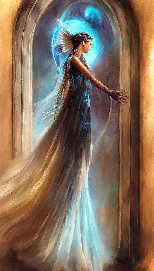 Prompt: goddess of illusion, beautiful, stunning, breathtaking, mirrors, glass, magic circle, magic doorway, fantasy, mist, bioluminescence, hyper - realistic, unreal engine, by emilia wilk