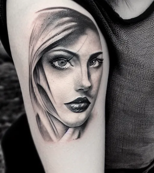 Image similar to tattoo design sketch of an extremely beautiful woman face with a background of beautiful mountains on her side, hyper - realistic, double exposure effect, in the style of den yakovlev, amazing detail, black and white, faded