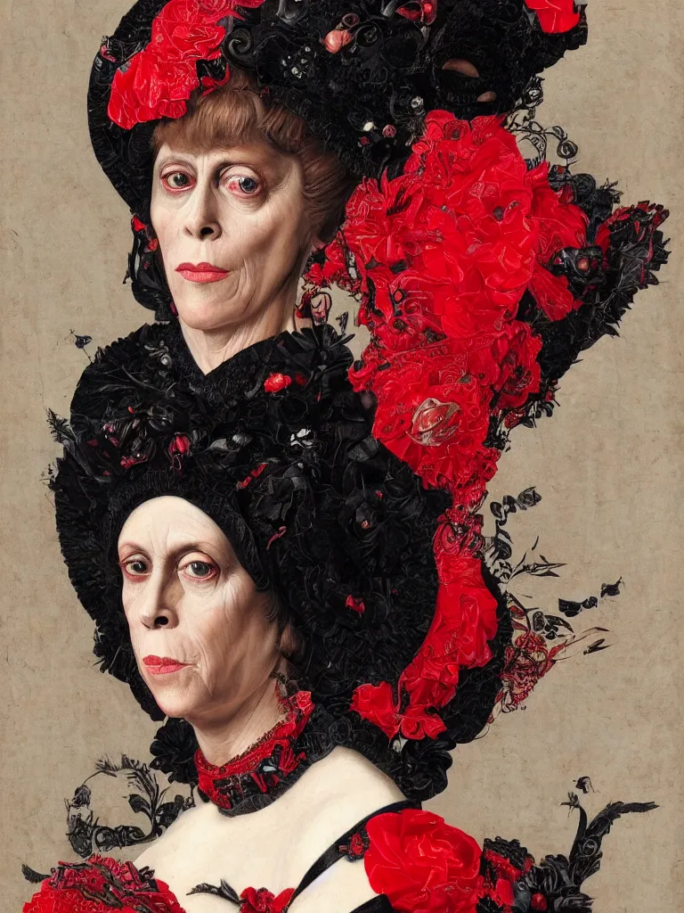 Prompt: Detailed maximalist stunning portrait of Signorney Weaver dressed in a black and red Victorian collar dress, HD mixed media, 3D collage, highly detailed and intricate, masterpiece, award-winning, surreal illustration in the style of Caravaggio, dark art, baroque