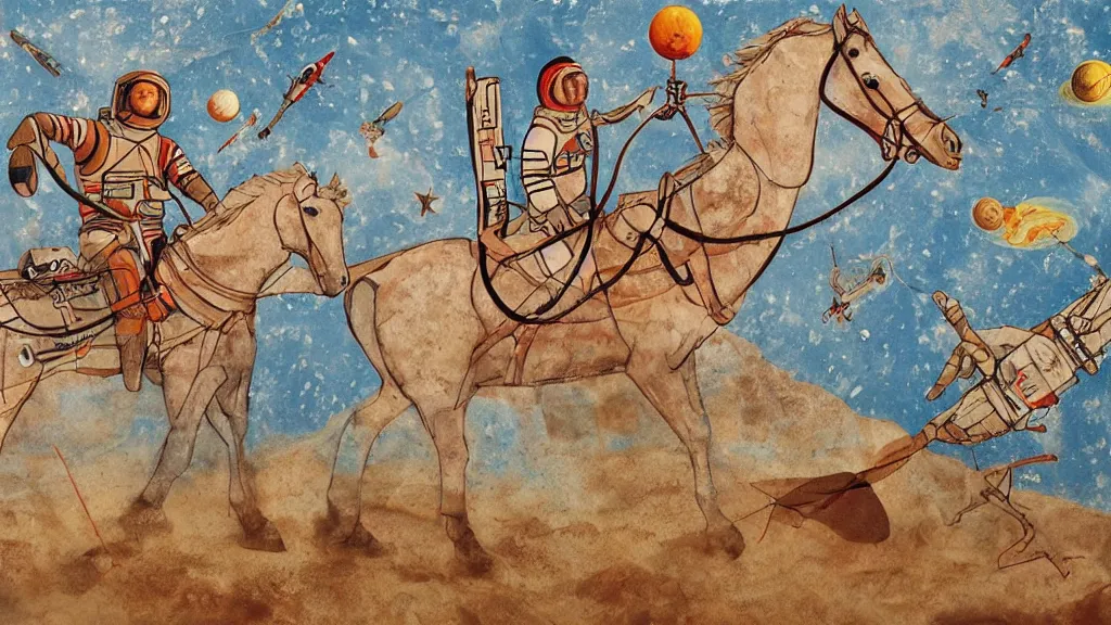 Prompt: an astronaut holds a horse, a horse is a ball, a horse riding an astronaut, decorative minoan mural