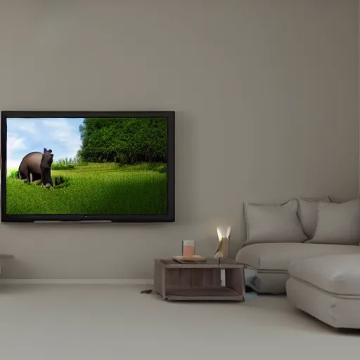 Image similar to a baby hippo pony live in a cozy house and watch tv in the family room. 3 d render.