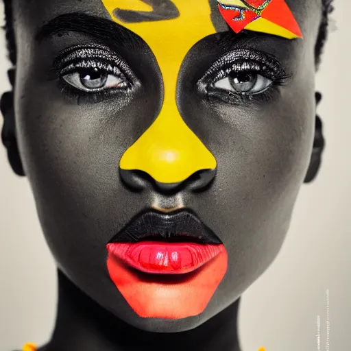 Image similar to close up portrait of extremely beautiful female black marble statue in the style of virgil abloh, colorful motocross logos behind her, sharp focus, clear, detailed,, cinematic, detailed, off white, glamourous, symmetrical, vogue, editorial, fashion, magazine shoot, glossy