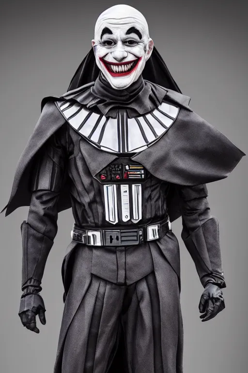 Prompt: smiling Joker wearing vader's armor suit, realistic cosplay, full character, highly detailed, highly realistic