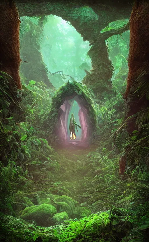 Image similar to the portal in the forest other world inside portal in the style of Roger Dean and beeple, 35mm, photo realistic, epic, cinematic