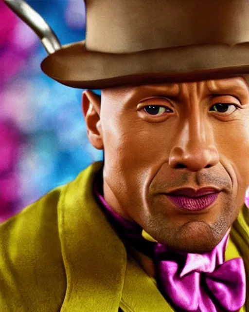 Image similar to Film still close-up shot of Dwayne Johnson as Willy Wonka from the movie Willy Wonka & The Chocolate Factory. Photographic, photography