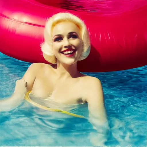 Prompt: Beautiful woman with retro blonde hair and makeup smiling at the camera and floating in a circular inflatable plastic raft, in a luxurious pool, wide shot, fuzzy polaroid photograph, 1960s, hyperrealism
