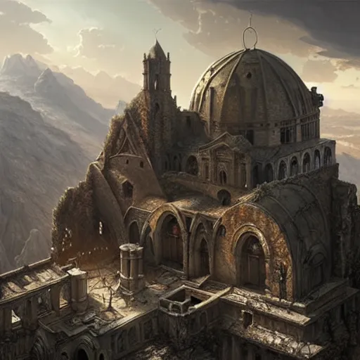 Image similar to concept art of a ruined post - apocalyptic monastery at the top of a mountain, ultra realistic, concept art, intricate details, eerie, highly detailed, photorealistic, octane render, 8 k, unreal engine. art by artgerm and greg rutkowski and alphonse mucha