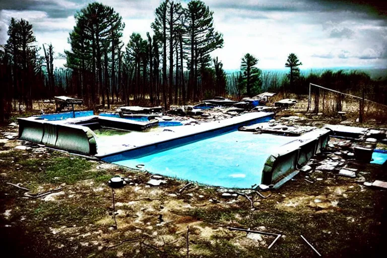 Prompt: post apocalyptic empty over grown swimming pool being used as shelter, barrel fires and tents