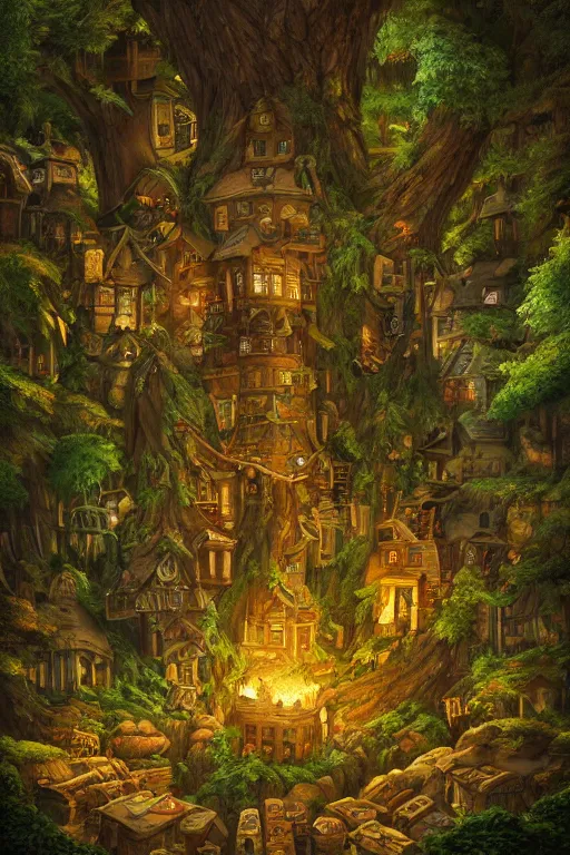 Image similar to a miniature city built into the trunk of a single colossal tree in the forest, with tiny people, in the style of andreas rocha, lit windows, close - up, low angle, wide angle, awe - inspiring, highly detailed digital art