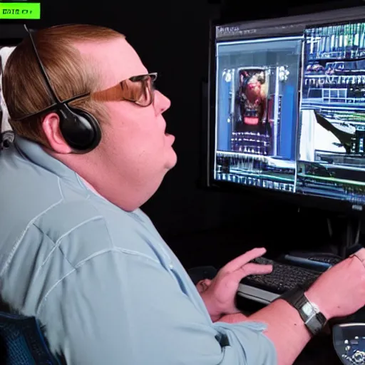 Prompt: obese Adam West wearing a headset yelling at his monitor while playing WoW highly detailed wide angle lens 10:9 aspect ration award winning photography