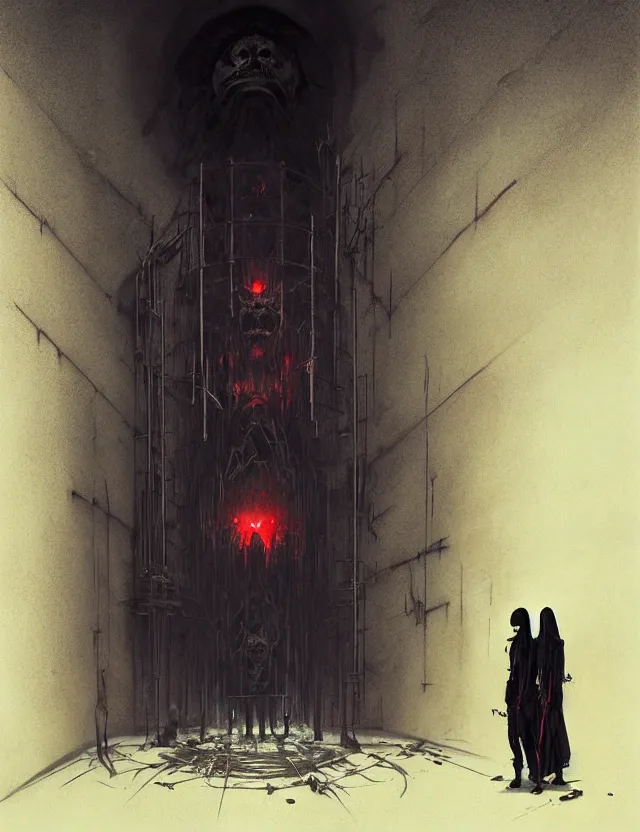 Image similar to sinister scary, afraid dark by greg rutkowski, ross tran, conrad roset, takato yomamoto, ilya kuvshinov huge gothic crematorium on desert planet, elevator, side ramp entrance ambulance smoke dead bodies, guards intricate, painting by lucian freud and mark brooks, bruce pennington, dark colors, neon, death, guards, nice style culture