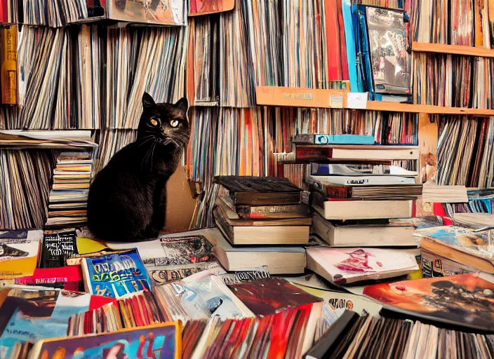 Image similar to photography of a Cat sitting on a pile of books and vinyls. a record player is in the shot. in a room full of vinyls and posters out of the 70's, photorealistic, raining award winning photo, 100mm, sharp, high res