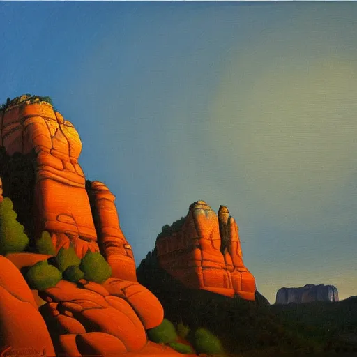 Image similar to sedona's cathedral rock bluff, oil painting at twilight, intricate lines, elegant, extreme detail, smooth, sharp focus, art by vermeer and edward church