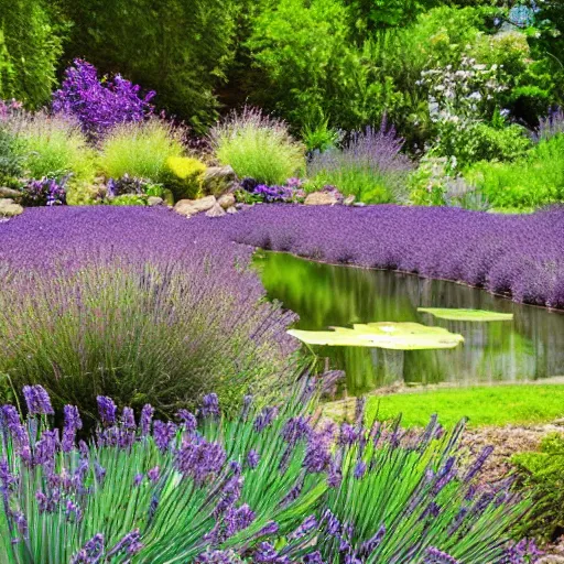 Prompt: beautiful pond surrounded by lavender and lilac, dappled sunbeams illuminating the scene, stunning photograph from lansdcaping magazine.
