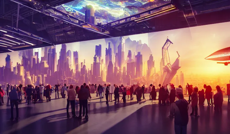 Image similar to crowd of people in large open museum, looking at hologram of futuristic city on a table, cinematic concept art, godrays, golden hour, natural sunlight, 4 k, clear details, tabletop model buildings, center model buildings, hologram center, crane shot, crane shot, crane shot