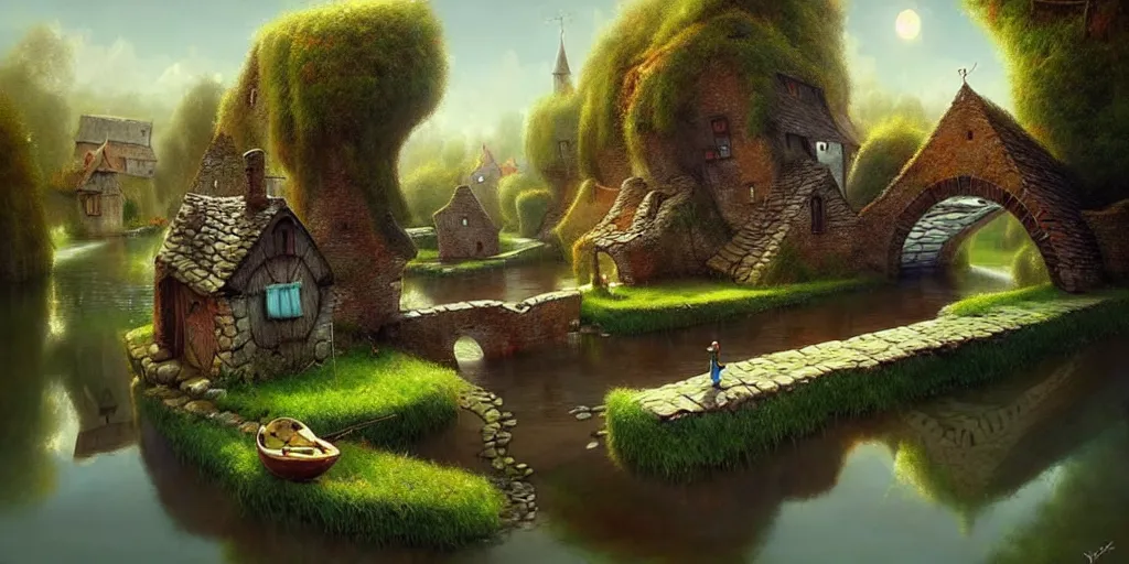 Image similar to amazing detailed village with a river, water, reflection, stone bridge, art by Yohann Schepacz, art by Gediminas Pranckevicius, art by Esao Andrews