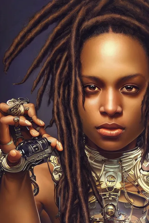 Image similar to ultra realistic illustration, closeup studio photo, black woman with dreads, hacknaut cyberpunk, sci - fi, fantasy, intricate, elegant, highly detailed, digital painting, artstation, concept art, smooth, sharp focus, illustration, art by artgerm and greg rutkowski and alphonse mucha