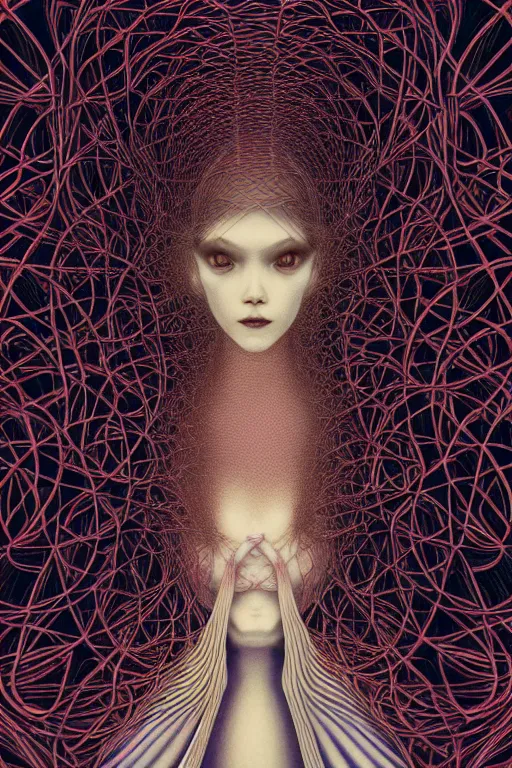 Image similar to realistic detailed image of a woman in a infinite hallway, conjuring psychedelic background, part by takato yamamoto, part by alex gray, ross tran, james jean, ultra realistic, octane render, highly detailed, 8 k, trending on artstation, cosmic, symmetry, masterpiece