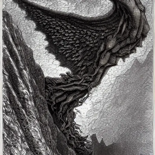 Prompt: a close up of a massive winged demon crawling up from a canyon, highly detailed, Biblical, high contast, in the style of Gustave Dore