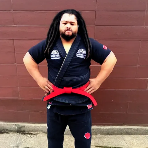 Image similar to photo of chubby black bjj athlete with long dreads posing, serious face, white belt
