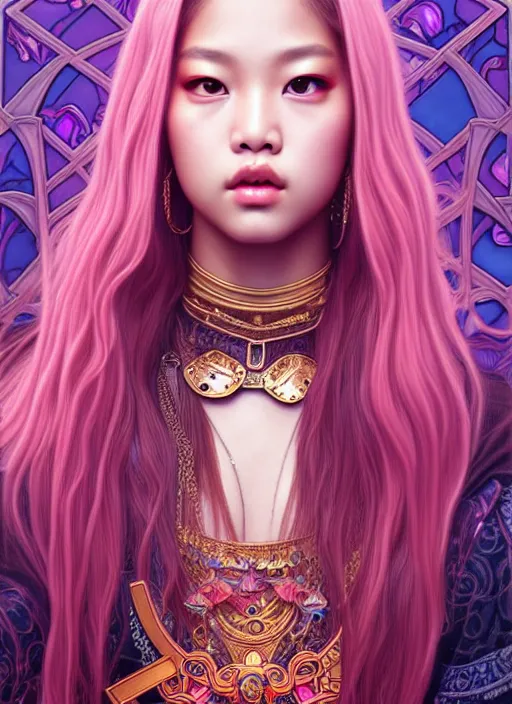 Image similar to jennie of blackpink, queen, tarot card, highly detailed, digital painting, smooth, sharp focus, illustration, ultra realistic, unreal engine, 8 k, art by artgerm and alphonse mucha